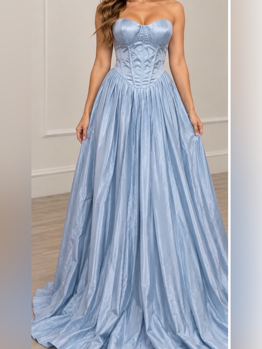 Strapless Light Blue Corset Pleated Gown